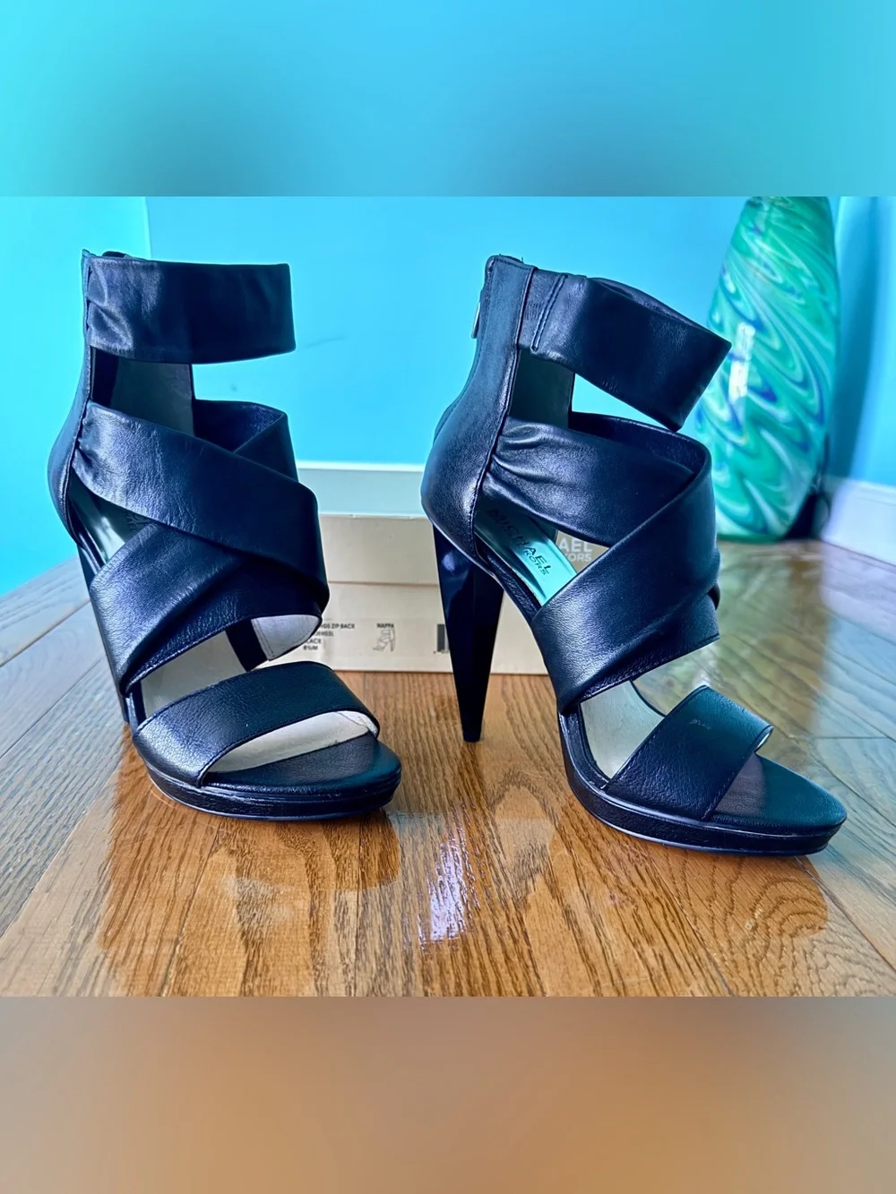 MICHAEL Michael Kors Black Leather Crisscross Ankle-Heel Sandals